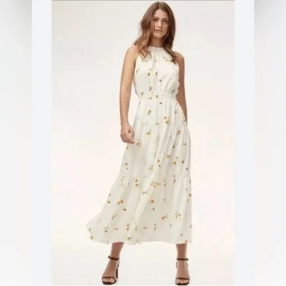 Aritzia Wilfred Effet Dress White Yellow Floral Tiered Maxi Dress‎ Boho Coquette - Picture 2 of 5